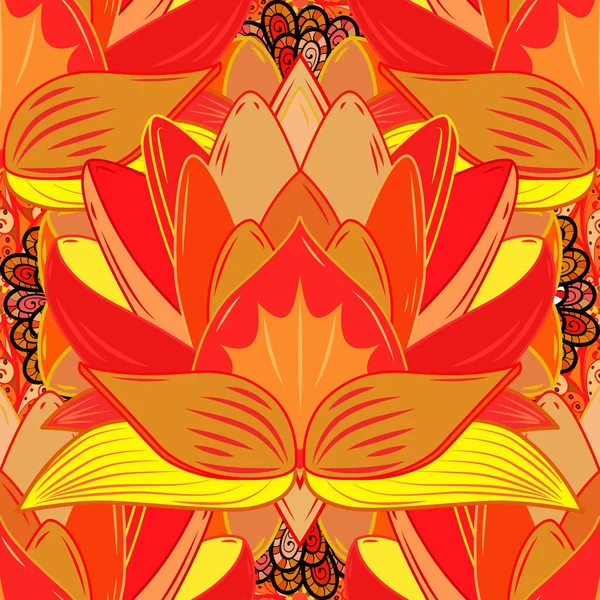 Çiçek taslağı. Sarı, turuncu ve kırmızı renkli şirin tekstil. Çiçek arkaplan. Vektör çizimi. Renkli, pürüzsüz desen.