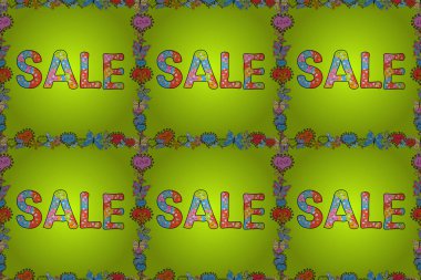 Raster biçimi. İnternet mağazası, dükkan, tanıtım broşürü, poster ve afiş için indirimli arkaplan. Yeşil, mavi ve siyah renkli bir resim. Kusursuz..