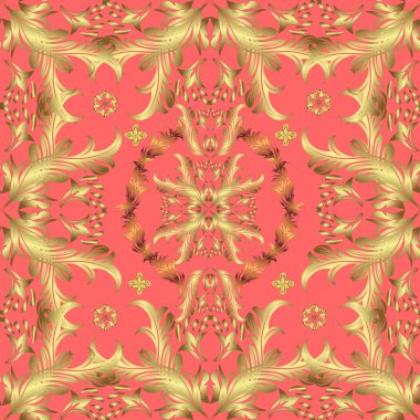 Vektör geometrik arkaplan. Pembe, nötr ve sarı renklerde altın çiçekli desenler. Tasarımın için, skeç. Altın rengi kusursuz illüstrasyon.