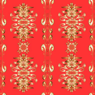 Altın elementlerle bej, kırmızı ve kahverengi renklerde klasik, pürüzsüz desen. Noel 2019, kar tanesi, yeni yıl.