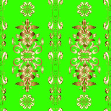 Altın rengi, kusursuz çizim. Tasarımın için, skeç. Vektör geometrik arkaplan. Bej, kahverengi ve yeşil renklerde altın çiçekli desenler..