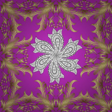 Yeşillik, güzel, dikişsiz desen. Eskizler için geçmişe dönük zengin tasarım. Vektör menekşe, nötr ve sarı yapraklı arka plan, el yapımı yapraklar, çiçekler, girdaplar, karmaşık güzel süsler..