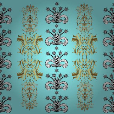 El yapımı dekoratif çerçeve, albüm kapağı, tebrik kartı, klasik Art deco tarzı. Altın karalama fantezi yapraklarından vektör soyut çiçek çelengi ve mavi, siyah ve beyaz renkte çiçek.