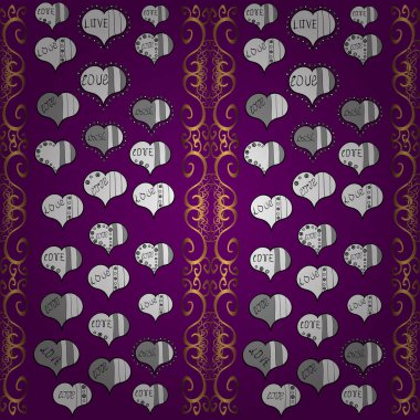 Gri, beyaz ve mor renkler üzerine çizim tarzı. Vektör. Paket kağıdı. Soyut, kusursuz bir aşk modeli. Heart Doodle. Sevgililer Günü.