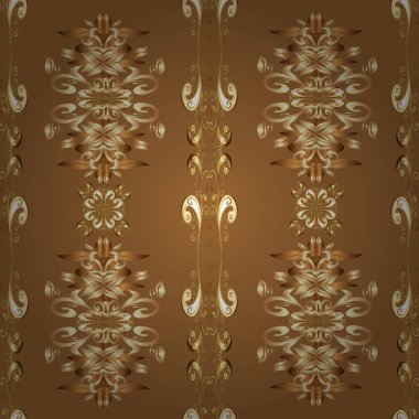 Seamless damask classic golden pattern. Vector illustration. Vector abstract background with repeating elements. Golden seamless pattern on yellow, beige and brown colors with golden elements.
