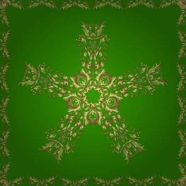 Golden floral ornament in baroque style. Damask seamless pattern repeating background. Antique golden repeatable sketch. Golden element on neutral, yellow and green colors.