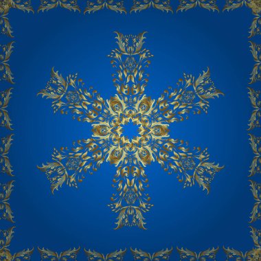 Flat hand drawn vintage collection. Golden pattern on neutral, blue and yellow colors with golden elements. Vector golden seamless pattern. Backdrop, fabric, gold sketch.