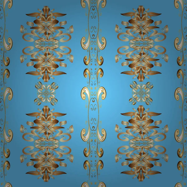 Gouden Element Een Bruine Blauwe Beige Kleuren Gouden Bloemen Naadloos — Stockvector
