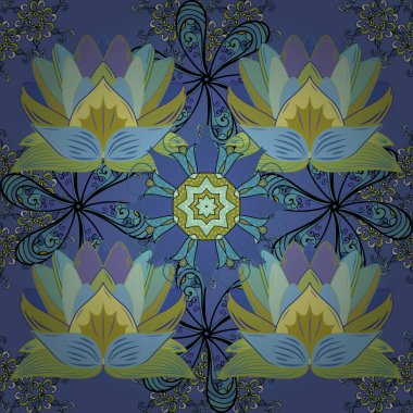 Yumuşak, bahar çiçekleri siyah, mavi ve yeşil renklerde. Vektör çizimi. Çiçekli karalama şeklinde vektör deseni.