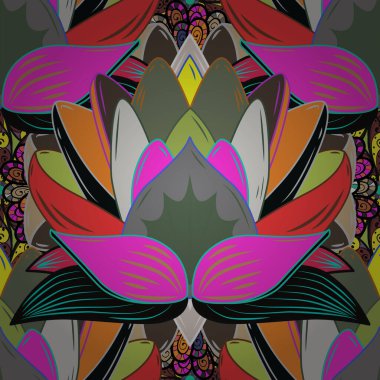 Tekstil, kumaş, ambalaj, hatıra defteri için hoş bir çiçek arkaplanı. Mor, yeşil ve gri arka planda. Çocuksu tasarım. Elle çizilmiş karalama çiçekleri ile vektörsüz desen.