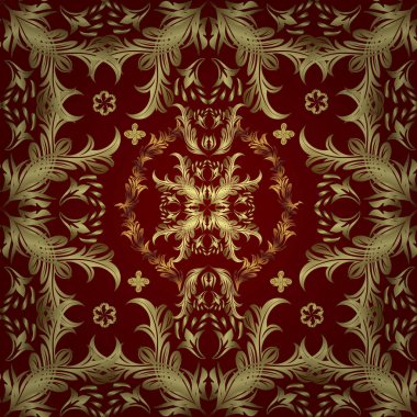 Klasik oryantal desen sarı, kırmızı ve nötr renklerden önce gelir. Damask pürüzsüz süsü. Geleneksel vektör ve altın desen.