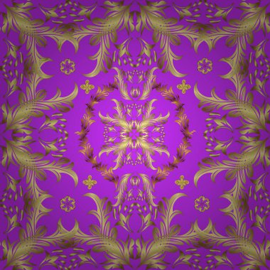 Sarı, nötr ve mor renklerde altın element. Doku arka planında altın çizim. Barok tarzında altın çiçekli süs. Damask kusursuz yinelenen arkaplan.
