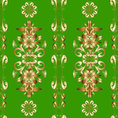 Doğu tarzı arabesk tarzında altın elementler. Kusursuz altın desenli bukleler. Vektör altın pürüzsüz desen. Yeşil, bej ve kahverengi renklerde pürüzsüz desen.
