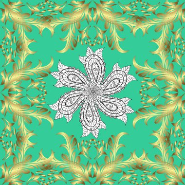 Yeşil ve sarı renkli resimler. Vektör damaskesiz şablon arkaplanı. Zarif çiçekli barok şablonu. Klasik lüks, eski moda İspanyol, kraliyet Victoria 'lısı. Çizimler için kusursuz doku.