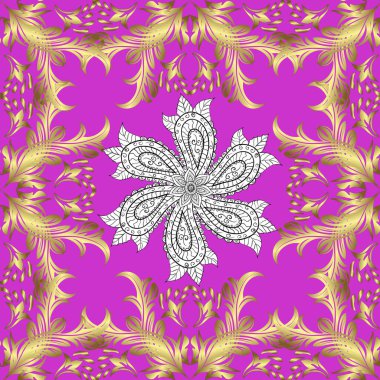 Vektör çizimi. Sonsuz. Çiçek deseni. Çizim, karalama, karalama. Gösterişli süs bahçesi. Çiçeksiz arka plan. Menekşe, nötr ve sarı renkler.