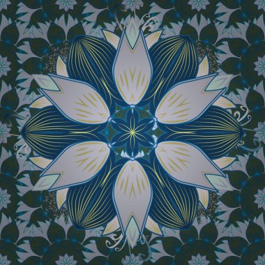 Vektör çizimi. Kusursuz narin bitki dokusu. Yeşil, mavi ve nötr renklerde şirin yapraklar sarma, tekstil, eskiz, kağıt.