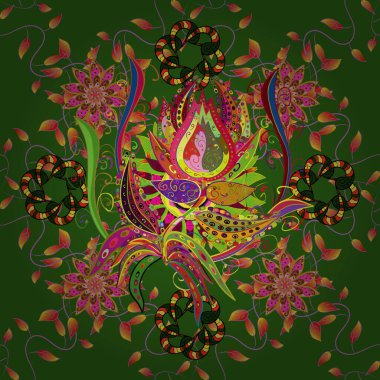 Tasarım için modaya uygun şablon. Klasik Eylül nakışı, sonbahar yaprakları, meşe palamudu, vahşi orman. Vektör. Nakış işlemeli, dikişsiz yaz şablonu. Yapraklar turuncu, sarı ve yeşil renklerde.