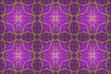 Barok tarzında altın çiçekli süs. Doku arka planında altın duvar kâğıdı. Damask kusursuz yinelenen arkaplan. Sarı, nötr ve mor renklerde altın element.