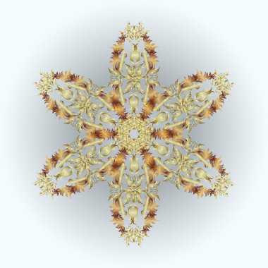 Kışın sembolü, Mutlu Noel tatili, Yeni Yıl Kutlama Vektörü illüstrasyonu. Basit bir kar tanesi. Altın renkler üzerine bir resim. Soyut çizim, paket dekorasyonu.