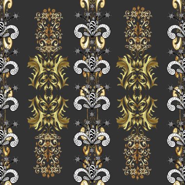 Kusursuz kraliyet lüksü, altın barok kumaş rengi. Altın antika ortaçağ dekoratifi, yaprakları ve altın desenli beyaz, kahverengi ve gri renkte süslemeleri olan vektörsüz desenler..