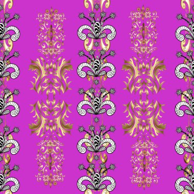 Altın çiçekli, pürüzsüz desen. Siyah, mor ve beyaz renklerde altın bir element. Barok tarzında altın çiçekli süs. Damask arkaplanı.