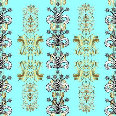 Altın renkli siyah, mavi ve beyaz renklerde altın desenler. Süslü dekorasyon. Lüks, kraliyet ve Viktorya dönemi konsepti. Vector vintage barok çiçeksiz altın desenli.