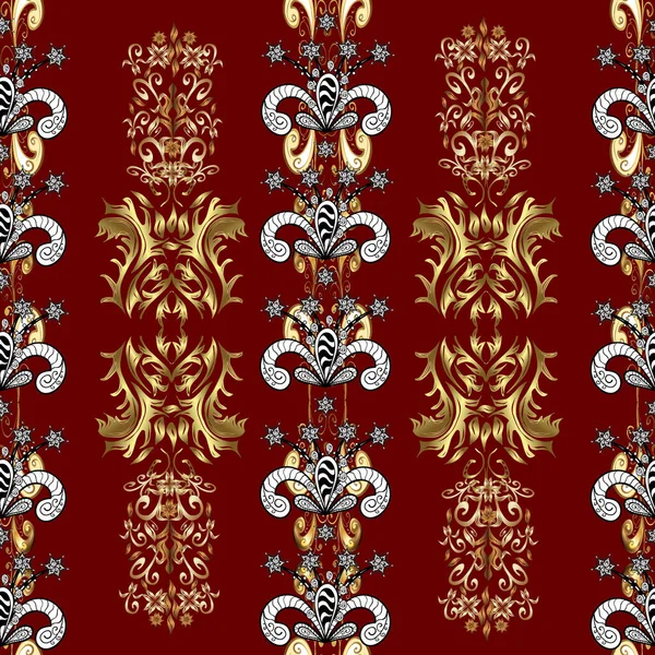 黄金の要素と茶色 赤と白の色にヴィンテージシームレスなパターン クリスマス2019 雪の結晶 — ストックベクタ