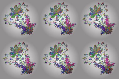 Mavi, beyaz ve yeşil renklerde. Raster illüstrasyonu. Çiçekli güzel suluboya desen.