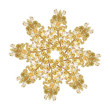 Vektör. Parlak dantel, stilize çiçekler. Narin ve özgeçmişli bir açılış. Doğu tarzı arabesk. Çizim kalıbı. Sevimli kıvırcık saçlar. Beyaz, sarı ve kahverengi renkli resimler.