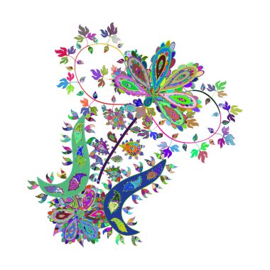 Vektör çizimi. Yaprak ve çiçeklerin suluboya resimleri, mavi, beyaz ve yeşil renkler üzerine çizimler. Mavi, beyaz ve yeşil renklerde bahar çiçekleri..