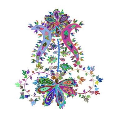 Çiçek taslağı. Renkli çizim kalıbı. Yeşil, mavi ve beyaz renkli şirin tekstil tarzında. Vektör çizimi. Çiçek arka planı.