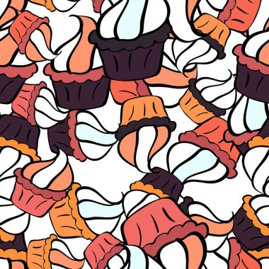 Pembe, siyah ve beyaz. Kekler kusursuz desen koleksiyonu. Çikolatalı pasta gibi farklı şekillerde modern pastalar. Vektör illüstrasyonu.