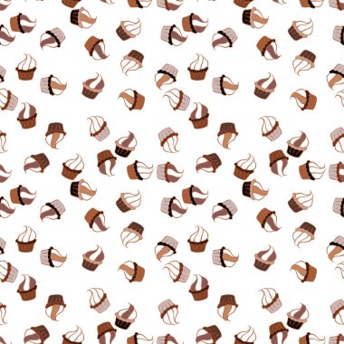 Tarafsız, beyaz ve kahverengi arka planda suluboya desenli kekler. Vektör çizimi. Elle çizilmiş resimli pasta. Sweets arkaplan tasarımı.