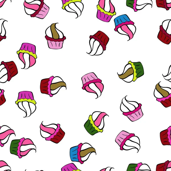 Vektör çizimi. Elle çizilmiş tatlılarla kusursuz desen: Kekler, pasta, pasta, kekler. Pembe, beyaz ve siyah üzerine şirin bir doğum günü geçmişi var..