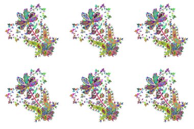 Modern çiçek arkaplanı. Parlak renkli çiçekleri ve yeşil, beyaz ve mavi renkte yaprakları olan harika bir çiçek deseni. Moda baskıları için zarif bir şablon. Halk stili.