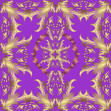 Damask arkaplanı tekerrür ediyor. Antik altın tekrarlanabilir çizim. Mor, sarı ve nötr renklerde altın element. Barok tarzında altın çiçek süsü..