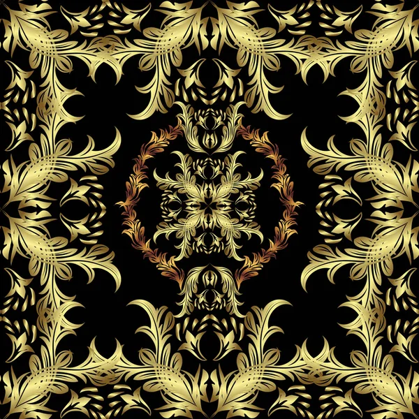 Vector Seamless Pattern Gold Antique Floral Medieval Decorative Leaves Golden — Stock Vector