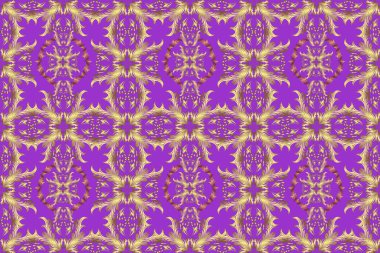 Mor, sarı ve nötr renklerde altın element. Antika altın tekrarlanabilir duvar kağıdı. Barok tarzında altın çiçek süsü. Damask arkaplanı tekrarlayan kusursuz desen.