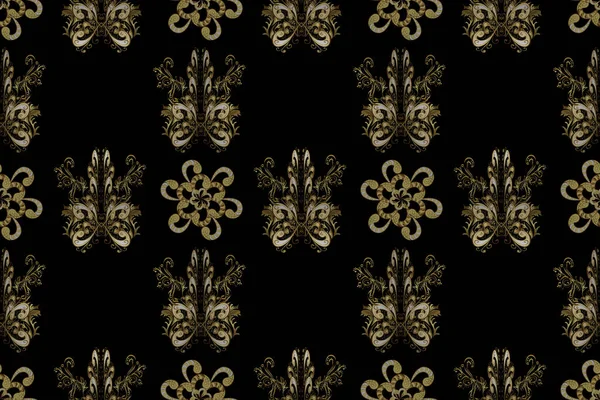 Raster illustration. Urban pattern for textile and fabric. Illustration in yellow, black and brown colors. Seamless pattern in oriental style. Ornate floral ornament. In cute curls style.