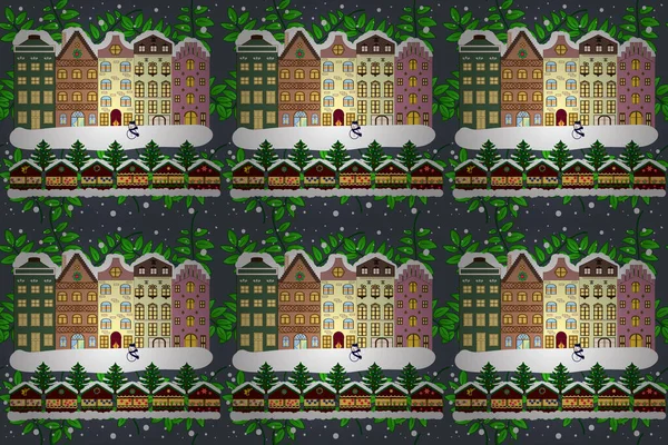 Vrolijk Kerstkaartje Met Huis Gelukkig Nieuwjaar Kerst Illustratie Groen Wit — Stockfoto