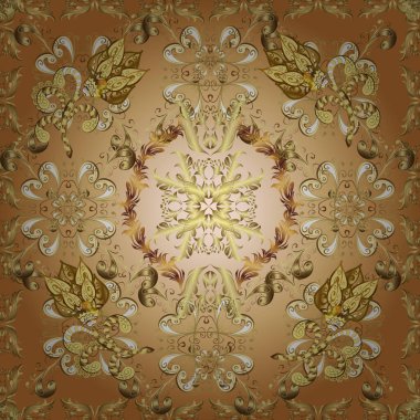 Vektör. Kumaş ve tekstil için harika, duvar kağıdı, ambalaj ya da her istenen fikir için. Turuncu, bej ve sarı süslemeli, çiçeksiz desenli. Geleneksel, etnik, Türk, Hint motifleri. Eski.