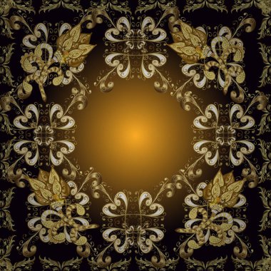 Retro tekstil koleksiyonu. Kahverengi, sarı ve siyah renkli elementler. Geometrik motifli basit, pürüzsüz bir Noel deseni. Farklı süslemeli kar taneleri. Vektör illüstrasyonu.
