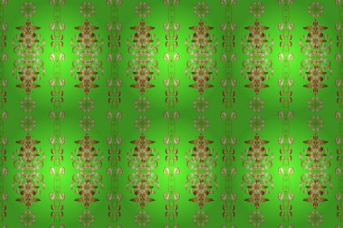 Raster altın tekstil baskısı. Kahverengi, yeşil ve bej renklerdeki altın desenli altın elementler. Çiçek kiremitleri. İslam tasarımı. Kusursuz desenli oryantal süs.