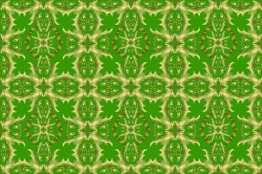 Doğum günü kartı, davetiye ya da afiş için iyidir. Raster illüstrasyonu. Altın yeşile, sarı ve nötr renklere. Kusursuz ortaçağ çiçek deseni. Dekoratif simetri arabesk.