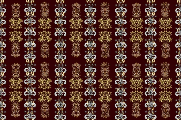 Golden snowflake simple seamless pattern. Symbol of winter, Merry Christmas holiday, Happy New Year 2019. Abstract wallpaper, wrapping decoration. Raster golden pattern on white, black, brown colors.