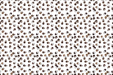 Paket kağıdı. Beyaz, siyah ve kahverengi üzerine parlak doğum günü deseni. Raster. Keklerle suluboya kusursuz desen.