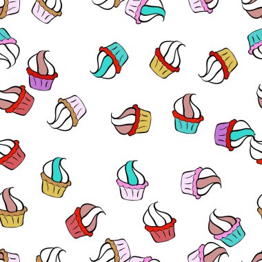 Kremalı kek. Vektör çizimi. El çizimi kekler. Pembe, siyah ve beyaz üzerinde şirin bir doğum günü deseni. Vektör kek illüstrasyonu.