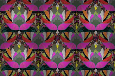 Tekstil, kumaş, ambalaj, hatıra defteri için hoş bir çiçek arkaplanı. Mor, yeşil ve gri arka planda. Çocuksu tasarım. Elle çizilmiş karalama çiçekleri ile pürüzsüz desen.