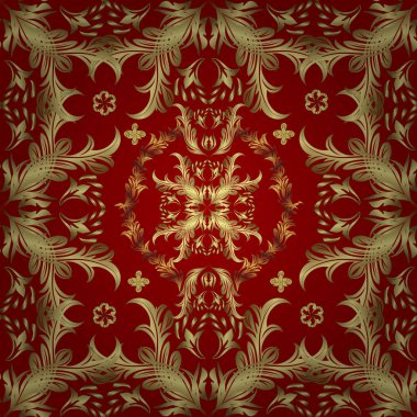 Klasik, kusursuz, kusursuz bir vektör. Çiçek süsü kumaş deseni, cam, çiçek desenli metal sarı, nötr ve kırmızı renklerde altın elementler..