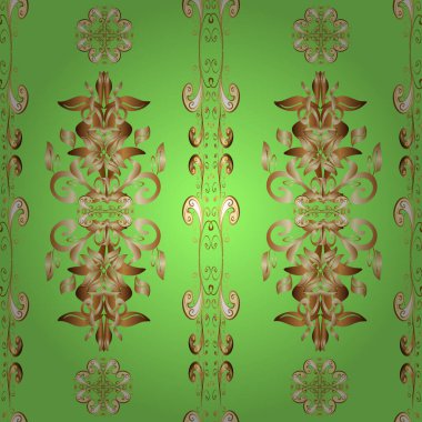 Noel, kar tanesi, yeni yıl 2019. Kahverengi, yeşil ve bej renklerde, altın elementlerle kusursuz klasik desen.